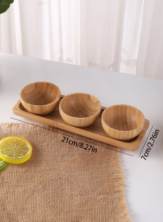 MAIDI Natural Bamboo 3-Bowl & Tray Tableware Set - Home & Restaurant Seasoning Sauce Snack Dishes, Japanese Minimalist Dessert Nut Storage Plates, Detachable Healthy Eco-Friendly Wooden Dipping Bowls - Image 4